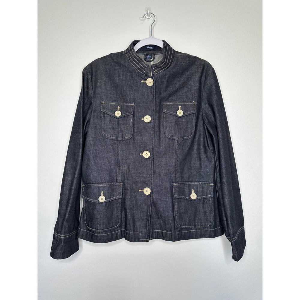 Vintage Gap Denim Utility Jacket Womens L Mandarin Collar Blue Cotton Military